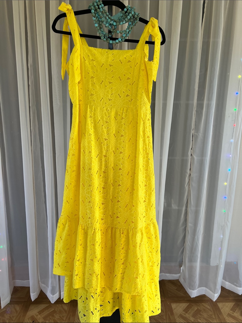 Bright Yellow Eyelet Midi Dress with Tie Straps - Picture 3 of 6